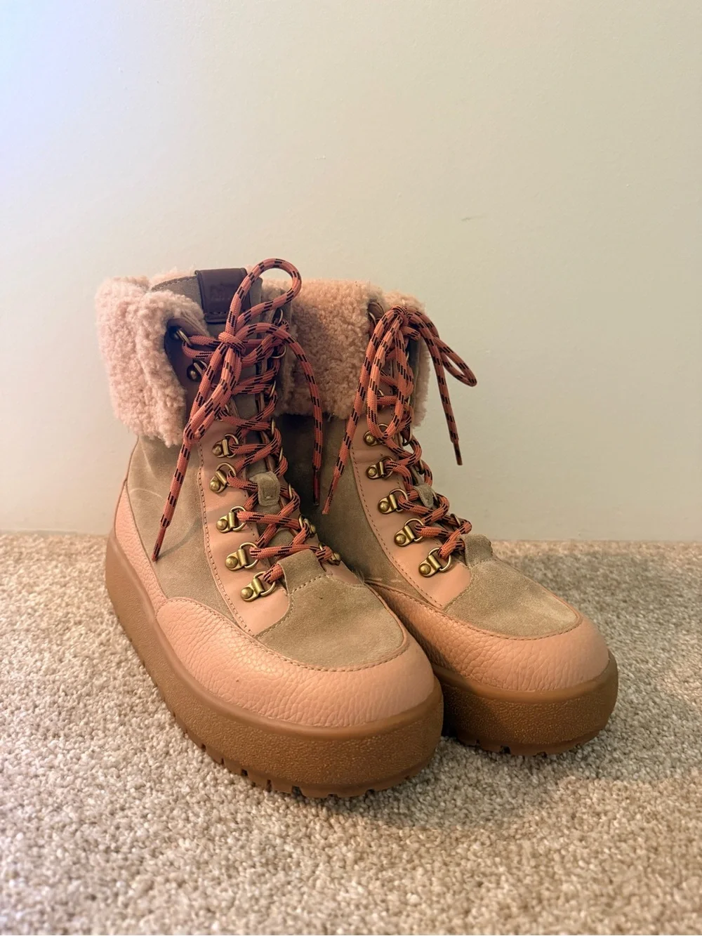 Coach Women's Taupe Pink Fleece-Trim Lace-Up Boots